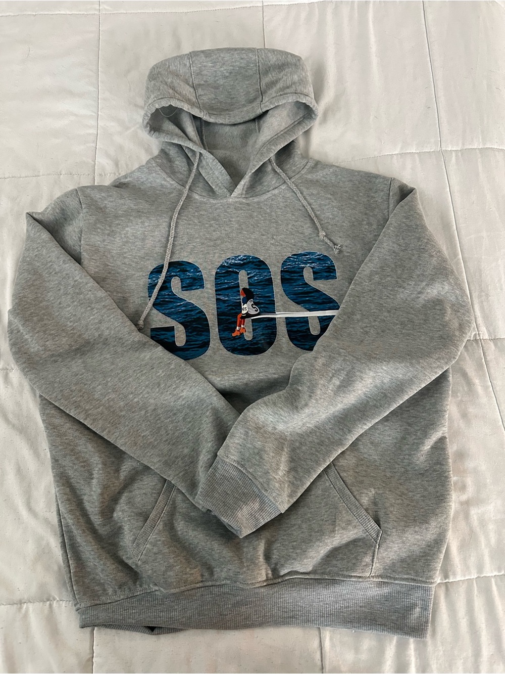 tde. Gray SOS Graphic Hoodie with Blue Print